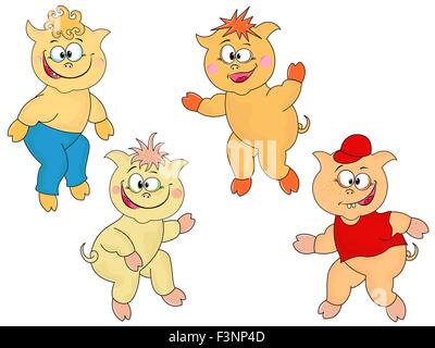 Ensemble de quatre petites funny cartoon joyeuse sur les porcelets blanc, dessin à la main vector illustration Illustration de Vecteur