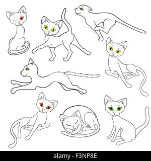 Ensemble de huit contours de funny cats isolé sur un fond blanc, dessin à la main cartoon vector illustration Illustration de Vecteur