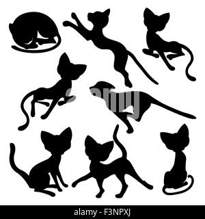 Ensemble de huit silhouettes noires de funny cats isolé sur un fond blanc, dessin à la main cartoon vector illustration Illustration de Vecteur