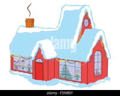 Heureux les enfants dans maison couverte de neige en attendant le Père Noël avant Noël, dessin à la main vector illustration Illustration de Vecteur