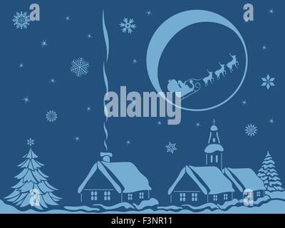 Dans village calme la nuit de Noël avec le Père Noël et renne sur fond de lune, dessin à la main vector illustration bicolore Illustration de Vecteur