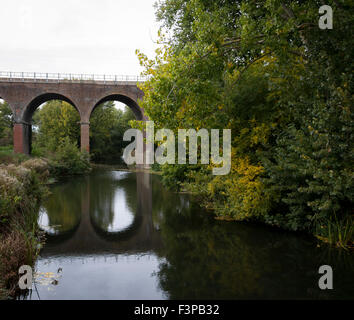 Pont de chemin de fer sur la rivière cann , Central Park, Chelmsford essex uk Banque D'Images