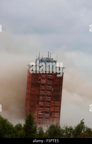 Glasgow, Royaume-Uni. Oct 11, 2015. À 15h15 le dimanche 11 octobre, le Red Road Studios, Glasgow ont été déposées par des explosions contrôlées. Environ 2 500 résidents locaux ont été évacués de la maisons environnantes comme une mesure de sécurité au cours de la démolition. Après les explosions, il était évident que seulement 4 des blocs d'habitation avait entièrement effondré et 2 sont partiellement démolie. Il est prévu d'avoir les deux tours démolies conventionnellement le lundi 12 octobre. Il est estimé que plus de 10000 spectateurs ont assisté à la démolition. Credit : Findlay/Alamy Live News Banque D'Images