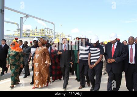 Dar Es Salaam, Tanzanie. 10 Oct, 2015. Le président tanzanien Jakaya Kikwete(C) inspecte un projet gazier en Mtwara, Tanzanie, le 10 octobre 2015. Le président tanzanien Jakaya Kikwete, a officiellement inauguré le samedi un 535 kilomètres de gazoduc construit avec un 1,33 milliards de dollars É.-U. de prêts concessionnels de l'Export-Import Bank of China. Crédit : Li Sibo/Xinhua/Alamy Live News Banque D'Images