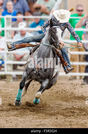 Cowgirl rodéo à cheval en compétition dans les courses de barils de cause, Chaffee County Fair & Rodeo, Salida, Colorado, USA Banque D'Images