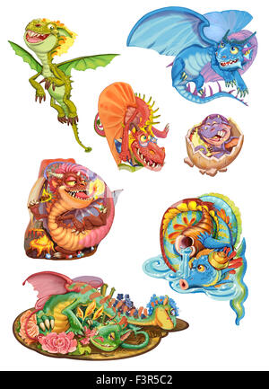 Jeu de dragons sur un fond blanc. Illustration Raster Banque D'Images