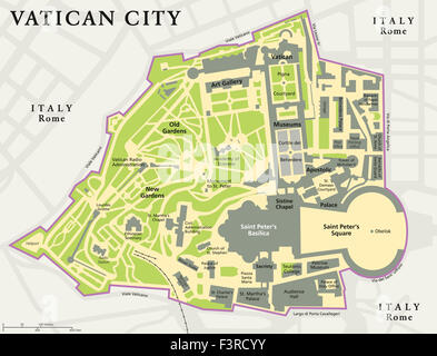 Carte politique de la cité du Vatican. L'état de la ville de Rome, Italie avec des frontières nationales, d'importants édifices, monuments et jardins. Banque D'Images