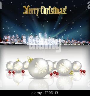 Abstract vector illustration de Noël avec silhouette de ville et décorations blanc Illustration de Vecteur