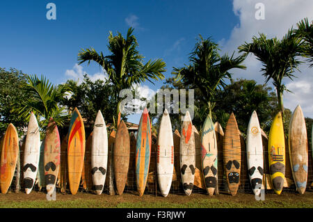 Planches de décoration dans un jardin. Huelo. Hawaii. Huelo est une petite localité située sur la route de Hana Hana (autoroute). Il i Banque D'Images