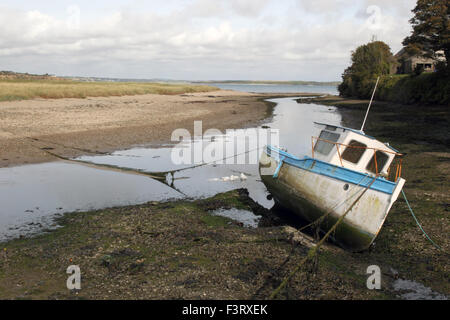 Bleu et blanc petit bateau de pêche amarré sur banc de sable à marée basse de l'estuaire dans le comté de Wexford Banque D'Images