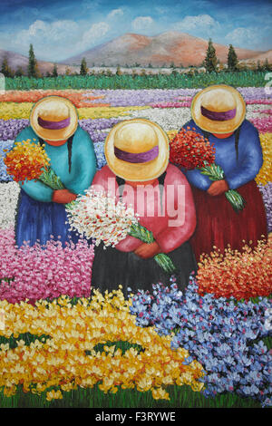 Peinture moderne de Communauté Andine dames en chapeau melon traditionnelle cueillette des fleurs Banque D'Images