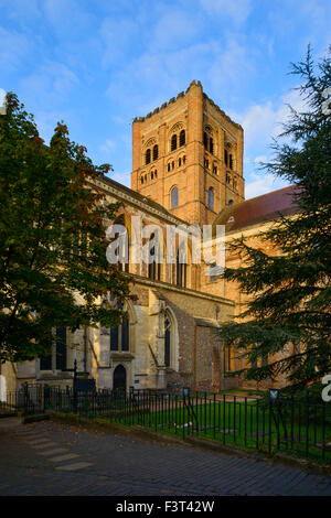 La tour de la cathédrale de St Albans, à l'aube, St Albans, Hertfordshire, Royaume-Uni Banque D'Images