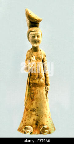 Poterie de couleur dorée et Figurine féminine - 618 AD 907 Tang de la dynastie des Han ( Musée de Shanghai de l'art chinois ancien ) Chine Banque D'Images
