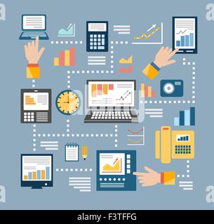 Ensemble d'icônes et de symboles dans le modèle à plat dans la composition globale de l'entreprise. Illustration de Vecteur