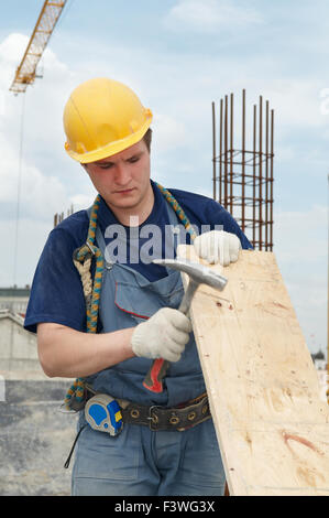 Builder travailler avec marteau et contreplaqué - multiplex Banque D'Images