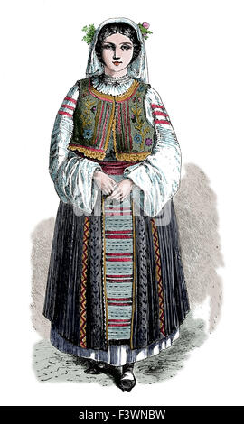 Le Roumain. Robe traditionnel des femmes. 1860. La gravure. 19e siècle. Plus tard la couleur. Banque D'Images