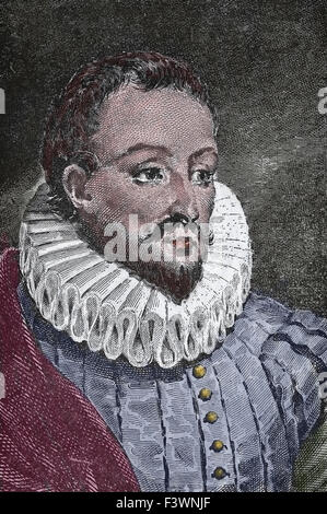 Miguel de Cervantes (1547-1616). L'écrivain espagnol. La gravure. 19e siècle. La couleur. Banque D'Images