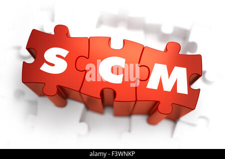 SCM - Supply Chain Management - Texte sur Red Puzzles avec fond blanc. 3D Render. Banque D'Images