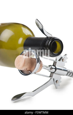 Bouteille de vin tire-bouchon et isolated on white Banque D'Images