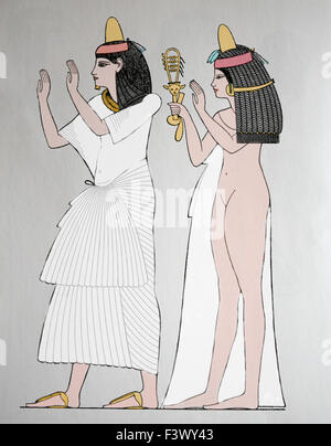 L'antiquité. L'Egypte ancienne. L'homme et de la femme, Dynastie Thèbes. La gravure. 19e siècle. La couleur. Banque D'Images