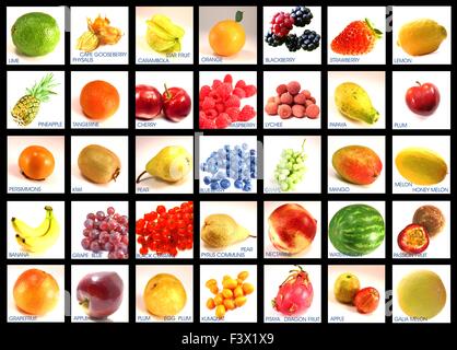 Variétés de fruits - lettrage anglais classé Banque D'Images