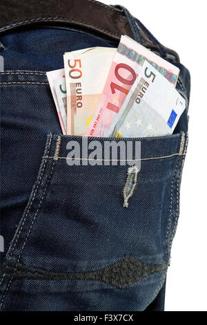 L'argent dans la poche de jeans isolated on white Banque D'Images