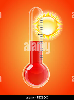 Thermomètre avec soleil. Temps chaud. Banque D'Images