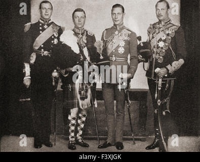 Quatre des cinq fils du roi George V. De gauche à droite, le Prince George, duc de Kent, 1902-1942, officier de l'armée de l'air et de la marine. Edward, 1894 - 1972. Plus tard le roi Édouard VIII, Duc de Windsor. Le Prince Albert, duc d'York, futur roi George VI, 1895 - 1952. Le Prince Henry, duc de Gloucester, 1900 - 1974, soldat. Banque D'Images