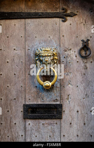 Vieille porte avant de panneaux de chêne avec lion heurtoir. Stanton, Cotswolds, Gloucestershire, Angleterre Banque D'Images