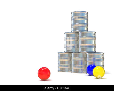 Boîtes de conserve et de trois balles. 3D illustration isolé sur fond blanc Banque D'Images