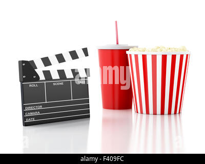 Cinema clapper, pop-corn et des boissons. Image 3D Banque D'Images