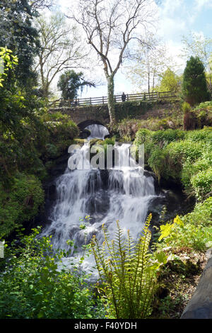 Chute d'eau à écoulement Rouken Glen Park comme un conte de fées, l'eau passe sous le pont et qui descendent des pierres avec de l'herbe et les buissons de chaque côté Banque D'Images