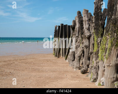 Poteaux en bois à Saint-Malo plage à marée basse Banque D'Images