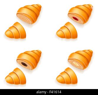 Définir des icônes croustillant frais croissants avec de la confiture et de la crème au chocolat vector illustration isolé sur fond blanc Illustration de Vecteur