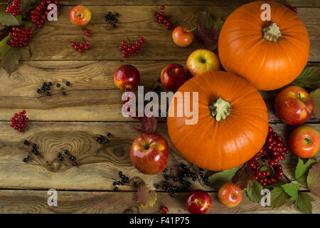 Les citrouilles, les pommes mûres, de baies et de feuilles sur fond de bois. Focus sélectif. Le virage Banque D'Images