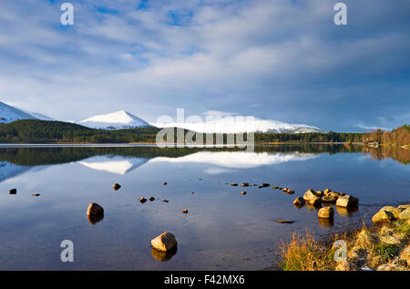 Eilrig Carn enneigée reflétée dans les eaux calmes du Loch Morlich, hiver, les Highlands écossais, Cairngorms Scotland UK Banque D'Images