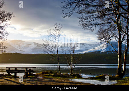 Vue depuis une aire de pique-nique par le Loch Morlich à Cairngorm, couverts de neige et l'hiver du Nord, cirques, tôt le matin, Scotland UK Banque D'Images