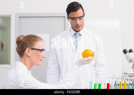 Les scientifiques qui effectuent les expérimentations sur l'orange Banque D'Images