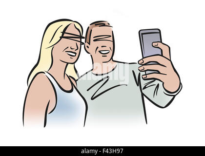 Illustration du couple en utilisant smartphone pour prendre un selfies Banque D'Images