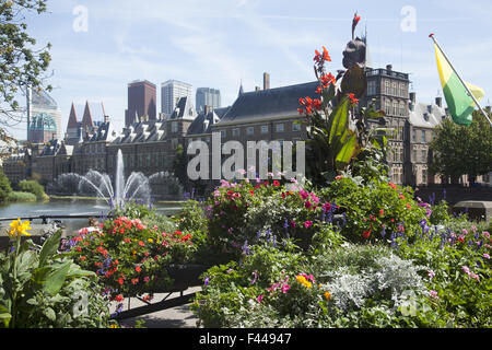 L'extérieur de l'Binnenhof, ou des Pays-Bas Le Parlement bâtiment à La Haye, comme vu sur le Hofvijver Lake et de la fontaine. Banque D'Images