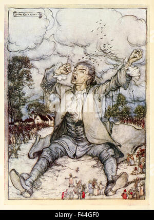 'Gulliver release from the Strings Rises and Strings self' de 'part I : a Voyage to Lilliput' dans 'Gulliver's Travels' de Jonathan Swift (1667-1745), illustration par Arthur Rackham (1867-1939). Photographié à partir d'une édition de 1909. Voir la description pour plus d'informations. Banque D'Images