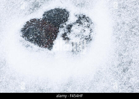 Pierre en forme de cœur dans la neige, Lofoten, Norvège Banque D'Images