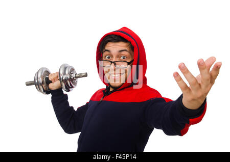 Jeune homme avec haltères isolated on white Banque D'Images