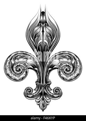 Fleur de lis élément décoratif ou dans un symbole héraldique vintage style sur bois Banque D'Images