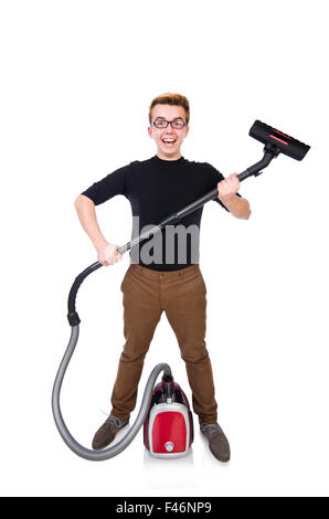 L'homme drôle avec aspirateur sur blanc Banque D'Images