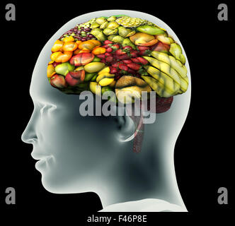 X-ray image de tête humaine avec des fruits pour un cerveau. Banque D'Images