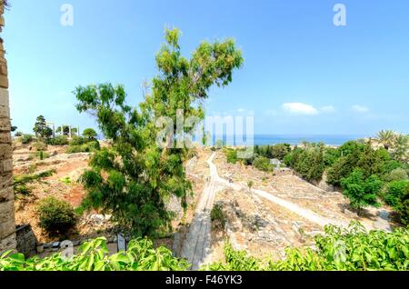 Le château des Croisés dans la ville historique de Byblos au Liban. Une vue de la partie ouest de l'emplacement et les colonnes de l'un Banque D'Images