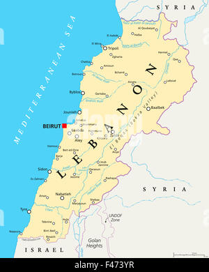 Carte politique du Liban à Beyrouth, les frontières nationales, d'importantes villes, rivières et lacs. English l'étiquetage et à l'échelle. Banque D'Images