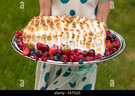 Portrait d'une jeune fille tenant un gâteau dans l'été, en Suède. Banque D'Images