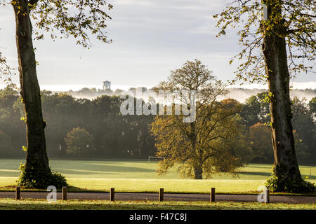 Tayside, Dundee, Écosse, Royaume-Uni, 15 octobre 2015. Météo France : un matin d'automne froid et frosty sunshine à Camperdown Country Park casting de longues ombres profondes. Les arbres se tourner vers leurs couleurs automnales car ils commencent à se libérer de leurs feuilles. Quelques parcelles d'épais brouillard verglaçant qui balaie le paysage Dundee avec des températures qui atteignent au moins 6°C. © Dundee Photographics / Alamy Live News. Banque D'Images